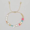 Adjustable evil eye beaded bracelet with gold P initial charm and mixed colorful beads - Letter P Multi-element Bracelet (ZZ-B24061901P-F)