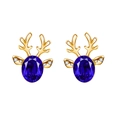 Golden reindeer stud earrings with deep blue crystal gemstones and small diamonds - Gold-Royal Blue Crystal
