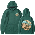 Dark green hoodie with Forever Chasing Sunsets print and vintage sunset wave design - Dark Green