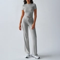 Women's casual grey two-piece set featuring short sleeve top and drawstring trousers - S / Gray