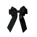 Detail of a black double-layered satin bow hair clip with premium silk texture and glossy finish - Black
