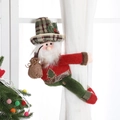 Christmas gnome curtain tieback with red plaid hat and green pants on white curtain - Santa Claus