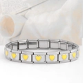 Detailed macro view of Italian modular stainless steel bracelet with yellow enamel hearts - Heart-Yellow (18 Links)