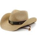 Cappello di paglia cowboy etnico con fiore in metallo vintage e fascia in pelle - M (56-58cm) / Cachi