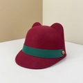 Kids burgundy cat ear felt hat with dark green ribbon and vintage copper button - Kids S(52-54cm) / Burgundy