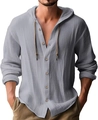 Men's light grey cotton linen long sleeve hooded t-shirt with button placket on model - S / Top (Long Sleeve) / Light Gray