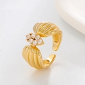 Adjustable gold ribbon ring with shell texture and sparkling zircon stones - Gold Wavy Shell Texture Ring (K-499)