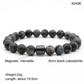 Beaded 8mm black labradorite bracelet with central magnetic hematite stone bead - 6245E Labradorite