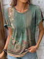 Women vintage floral print short sleeve t-shirt with cut-out shoulders in sage green - Green