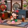 Cute traditional Hanfu girl figurine in red and green holding a lute instrument - Zither Style with Lotus Base (1056-25)