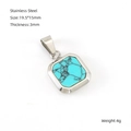 Square stainless steel pendant with turquoise center stone and dimensional specifications - Steel Color Sky Blue Turquoise