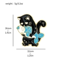 Cartoon black cat holding blue fish enamel pin with size and weight dimensions - Black Cat with Fish (XZ2355-2)