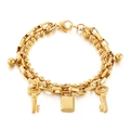 Bracelet double couche en acier titane doré avec chaîne à billes et pendentifs clé et cadenas - Cadenas Plat (KB144870-Z) / Doré