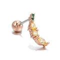 Rose gold ear stud with yellow marquise gems and green stones with screw ball back - Rose Gold Curved Leaf