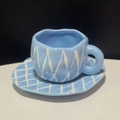 Blue ceramic coffee cup and saucer set featuring hand-painted white grid texture pattern - 250ML / Blue Rhombus
