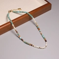 Delicate 2mm rainbow tourmaline necklace with turquoise, pearls and gold finish clasp - XL0059 Turquoise and Pearl Mixed