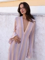 Bohemian V-neck crochet maxi dress with colorful wave pattern and flare sleeves - S / Pink