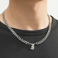 Close-up of stainless steel Cuban chain necklace with letter J pendant worn by a model - Silver Letter J