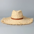 Wide brim raffia straw hat with flat top and leather band for beach vacations - M (56-58cm) / Brown (Band)