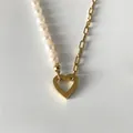 Collier cœur plaqué or 14 carats avec perles d'eau douce et chaîne maille trombone - Chaîne Cousue Fermoir Coeur Or 14K (XNL0009-2)