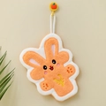 Absorbent coral fleece hand towel with cute orange cartoon rabbit design and hanging loop - Lucky Rabbit Orange