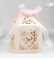 Detailed laser cut heart pattern on cream wedding candy box with pink ribbon bow - Champagne Gold