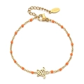 Detail of gold-plated stainless steel turtle bracelet with orange beads and lobster clasp - Orange