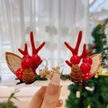 Christmas hair clip with red suede reindeer antlers and golden leaf details - 7# Red Antler Clip with Red Berries & Lace