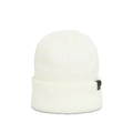 Detail view of the ribbed knit white beanie featuring a leather patch with a metal rivet - M (56-58cm) / White