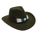 Detail of olive green wool cowboy hat with ethnic beaded band and turquoise accent - One Size / Army Green