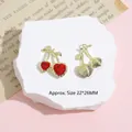 Y2K cherry pendant with red heart resin gems in golden alloy finish, 22x26mm size - Red Cherry / Gold