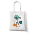 Beige canvas tote bag with abstract one line face art and colorful geometric patterns - Style G (Mixed Color Circle Face)