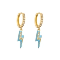 Detail of gold huggie earrings with light blue enamel lightning bolt charms and zircon gems - Light Blue Lightning