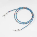 Close-up of colorful beaded eyeglass chain with silver lobster clasps and silicone loops - Style 9 (Blue Red Gold)