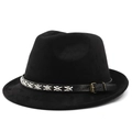 Cappello Fedora classico in camoscio nero con fascia in pelle e dettagli a punto croce - M (56-58cm) / Nero