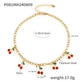 Collana in acciaio al titanio dorato con cinque pendenti a ciliegia in vetro rosso e foglie - Collana Oro