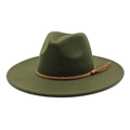 Detail of dark green wool fedora hat featuring a brown braided leather band and tassels - M (56-58cm) / Army Green