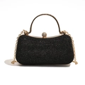 Elegant black glitter box clutch with golden rhinestone handle and chain strap - Black
