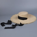 Lafite straw sun hat with flat top, frayed brim and black ribbon tie for women - M (56-58cm) / Black