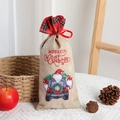 Christmas burlap wine gift bag with red plaid trim and gnome print with red ribbon tie - Christmas Gnomes Style