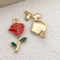 Golden rose alloy pendant with vibrant red enamel and green leaves for DIY jewelry - Red Rose Flower 12x23mm (12306)
