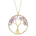 Detailed view of handmade gold wire-wrapped tree of life pendant with purple crystals - Gold + Amethyst