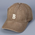 Close-up of vintage brown cotton baseball cap featuring textured letter B embroidery - M (56-58cm) / Camel