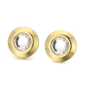 Elegant gold-rimmed round earrings with faceted clear crystal and stainless steel studs - Gold Base White Style (KE55648-Z)