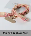 Short pink and khaki plaid fabric phone wrist strap with golden metal chain links - 19# Pink Khaki Plaid