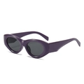 Retro purple oval frame sunglasses with dark lenses shown at a 45-degree angle - Purple Frame Grey Lens