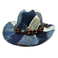 Cappello da cowboy in denim patchwork con fascia di perline in legno e turchese - M(56-58cm) / Blu scuro