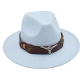 Detail of light blue western cowboy hat featuring brown leather band and silver bull head - One Size(Adjustable) / Sky Blue