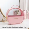 Pink crescent PU leather makeup bag with clear PVC window and gold zipper detail - Large Semicircle - Pink / 23*23*11cm