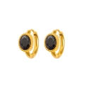 Detailed close-up of oval black zircon earrings in gold-plated steel bezel - Black Zirconia